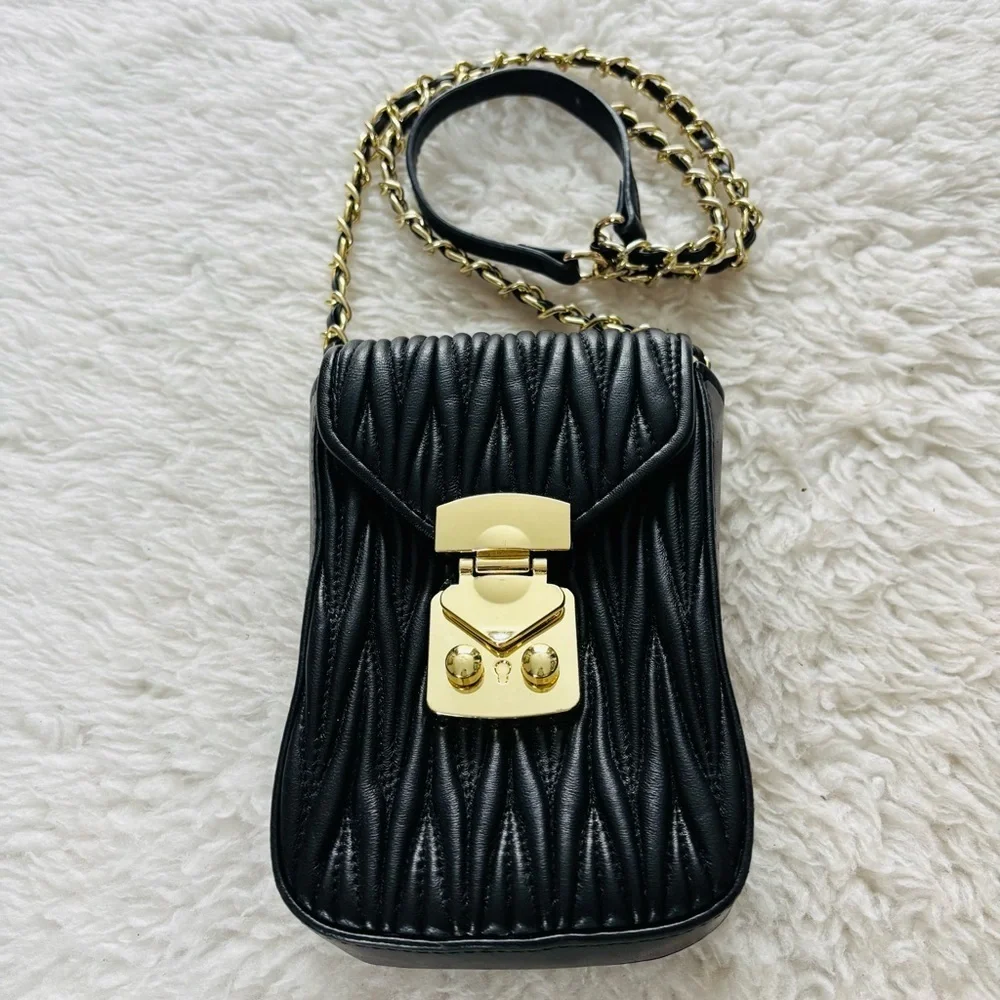 Tiffany & Fred Paris Black Quilted/Gold Small Shoulder/Crossbody Bag 7”x5”x2”